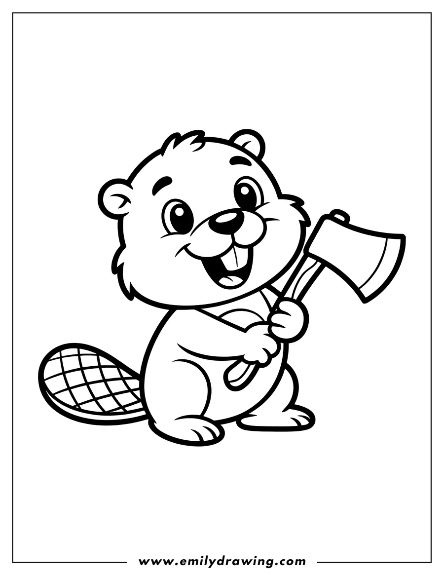 Outline of a happy cartoon beaver standing and holding an axe.
