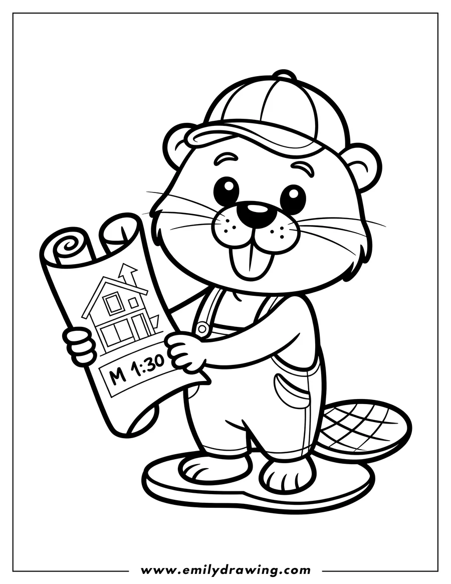 Line art of a cartoon beaver wearing a baseball cap and overalls, holding up a rolled-out blueprint with a house design and text.