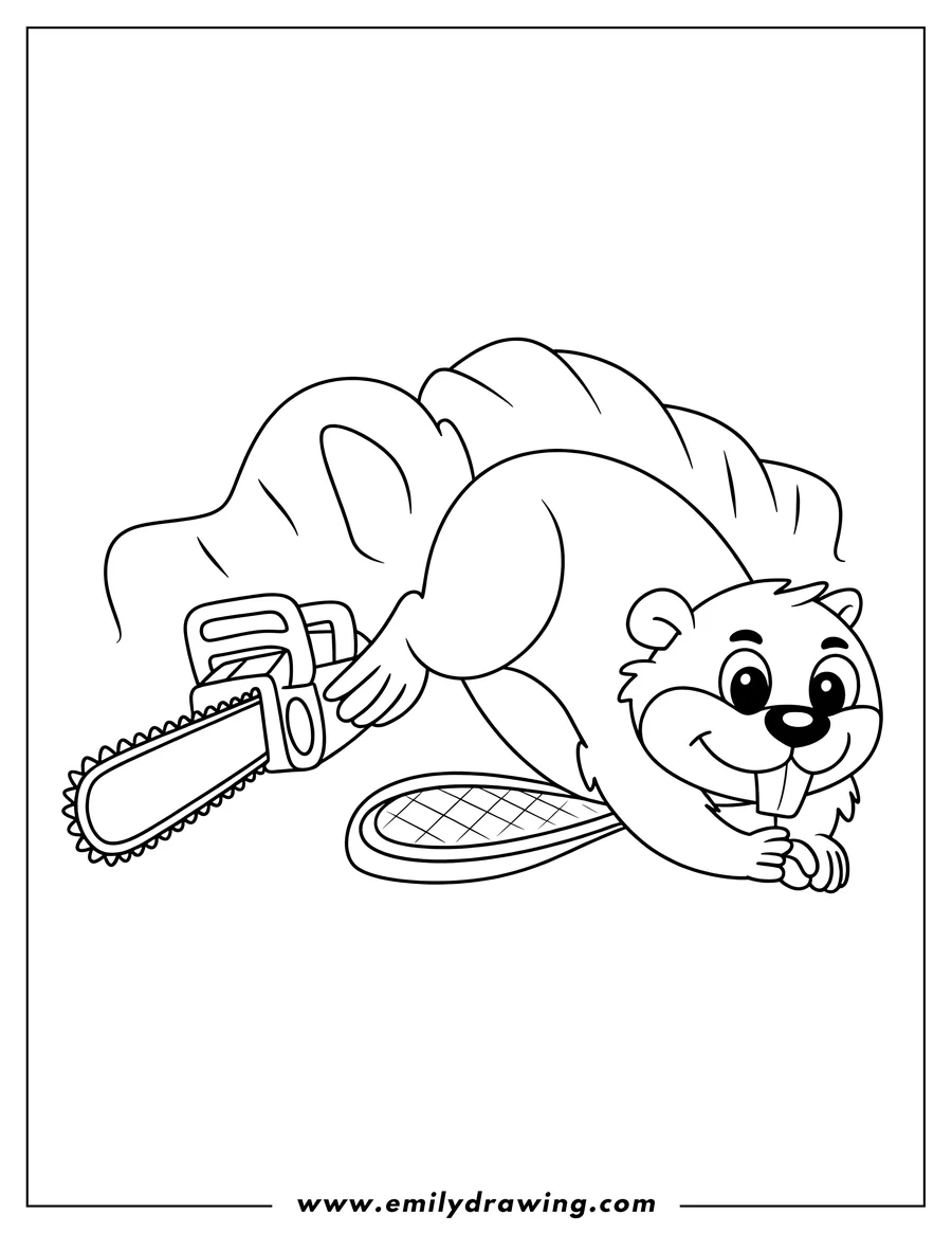 Line art of a cartoon beaver holding a chainsaw