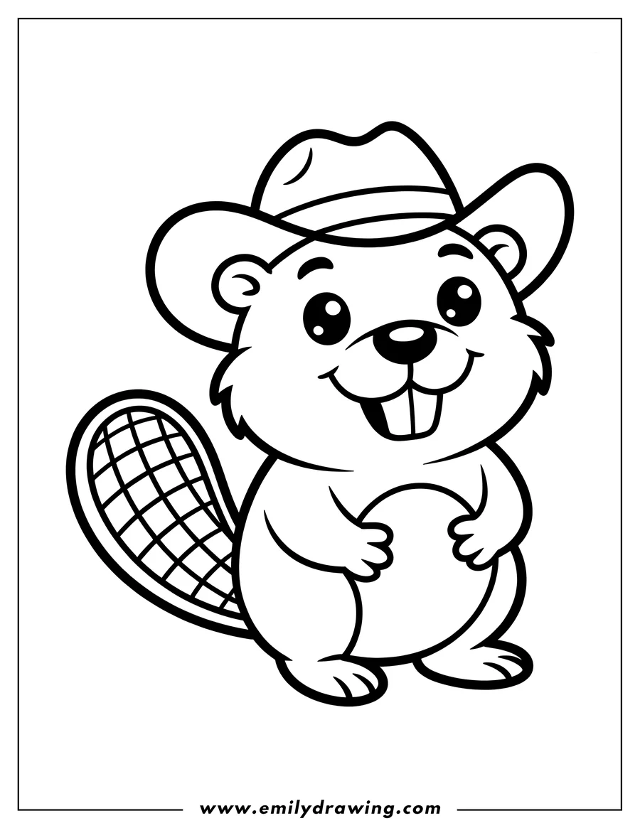 Line art of a cartoon beaver wearing a cowboy hat, smiling with large front teeth.