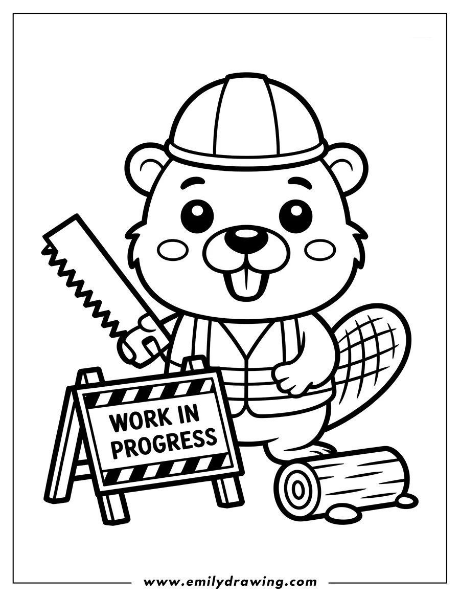 Line art of a beaver wearing a hard hat and safety vest, holding a saw, standing next to a 'Work in Progress' sign and a log.