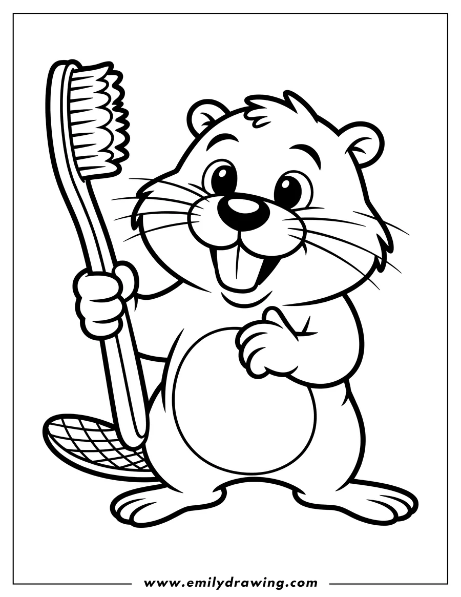 Line art of a cartoon beaver smiling and holding a toothbrush