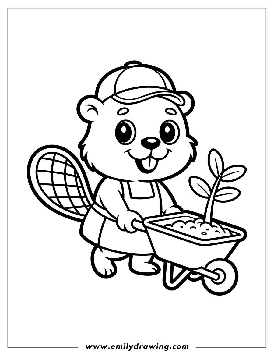 Line art of a beaver wearing a baseball cap and an apron, pushing a wheelbarrow with a small plant growing in it.