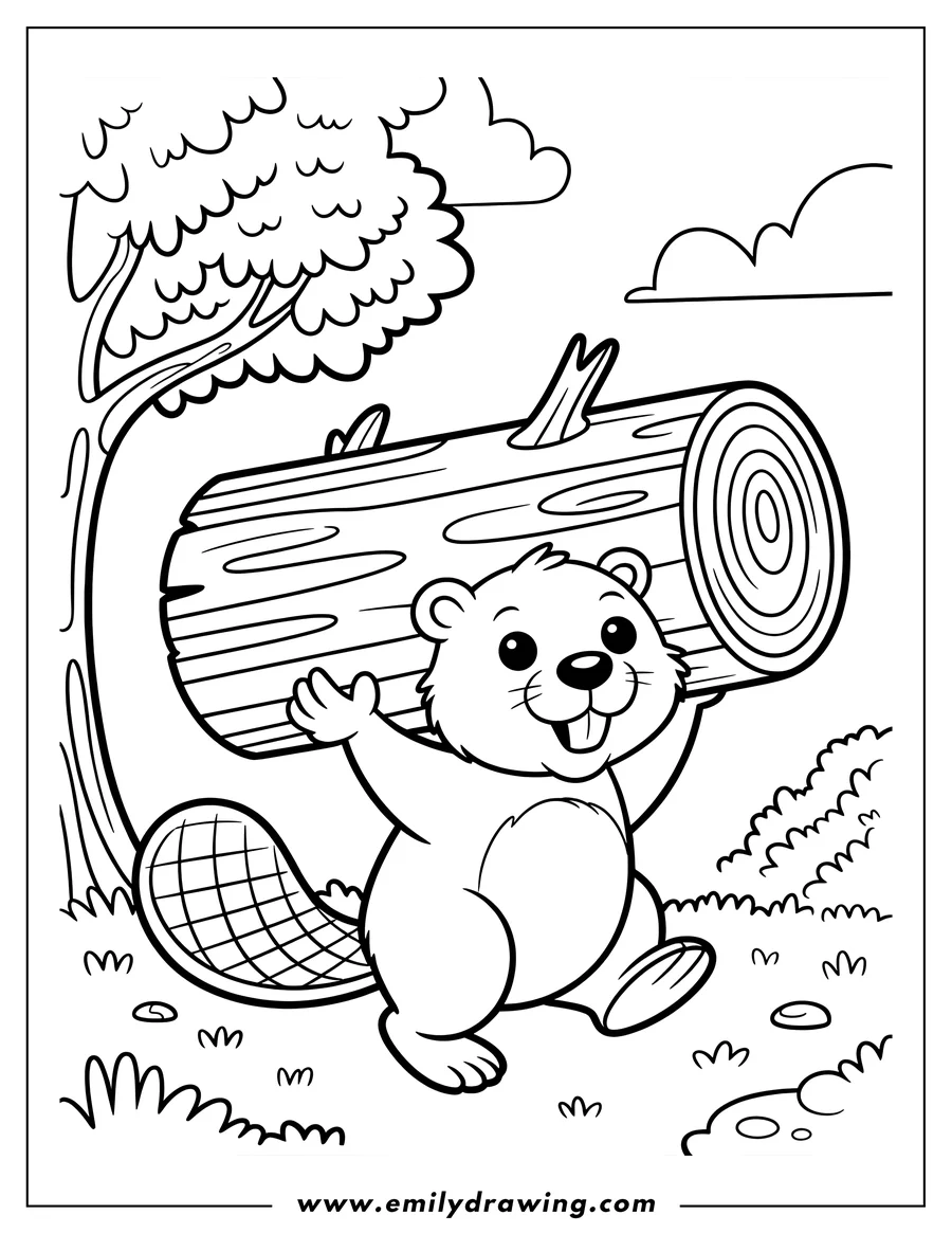 Line art of a happy beaver carrying a large wood log on its shoulders, walking through a grassy area with a tree and clouds in the background.