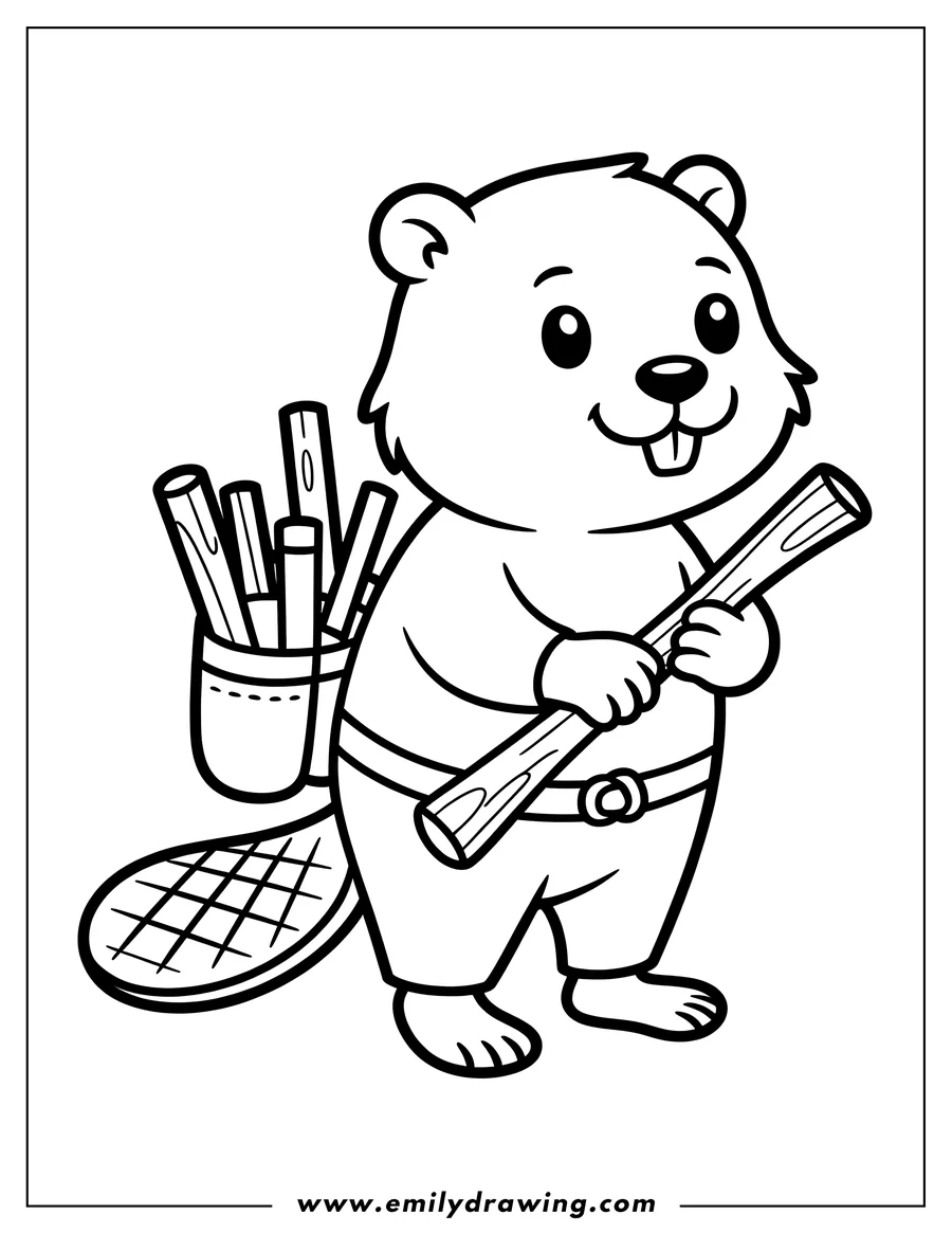 Line art of a cartoon beaver standing and smiling, holding a wooden stick, with more wooden sticks in a pouch on his back.