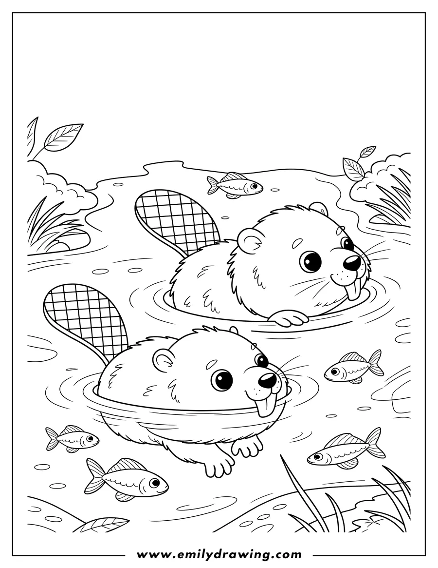 Line art of two beavers swimming in a pond, surrounded by several small fish and aquatic plants.