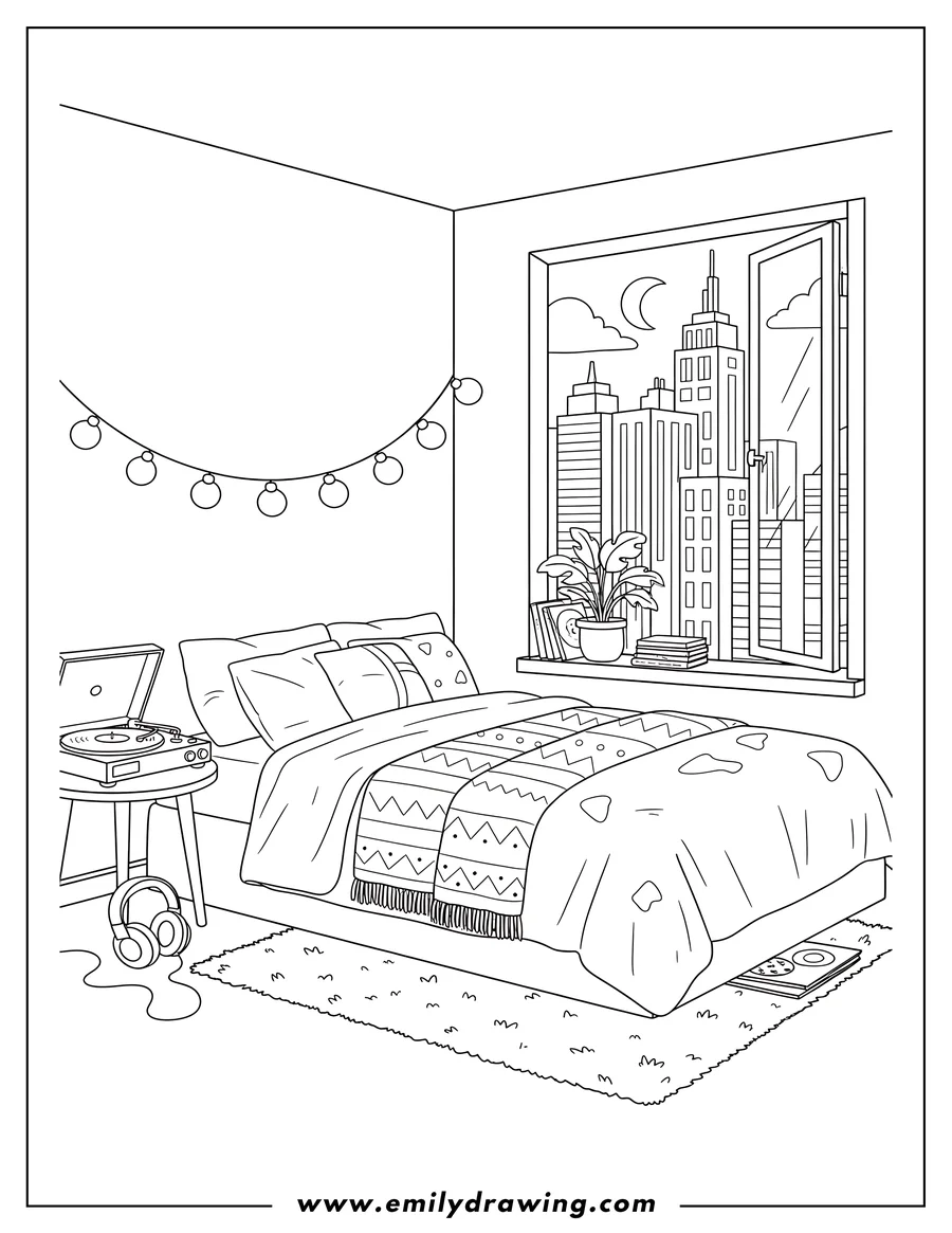 Outline of a cozy bedroom at night with a city skyline view from an open window, featuring a bed with patterned blanket, a record player, and fairy lights.