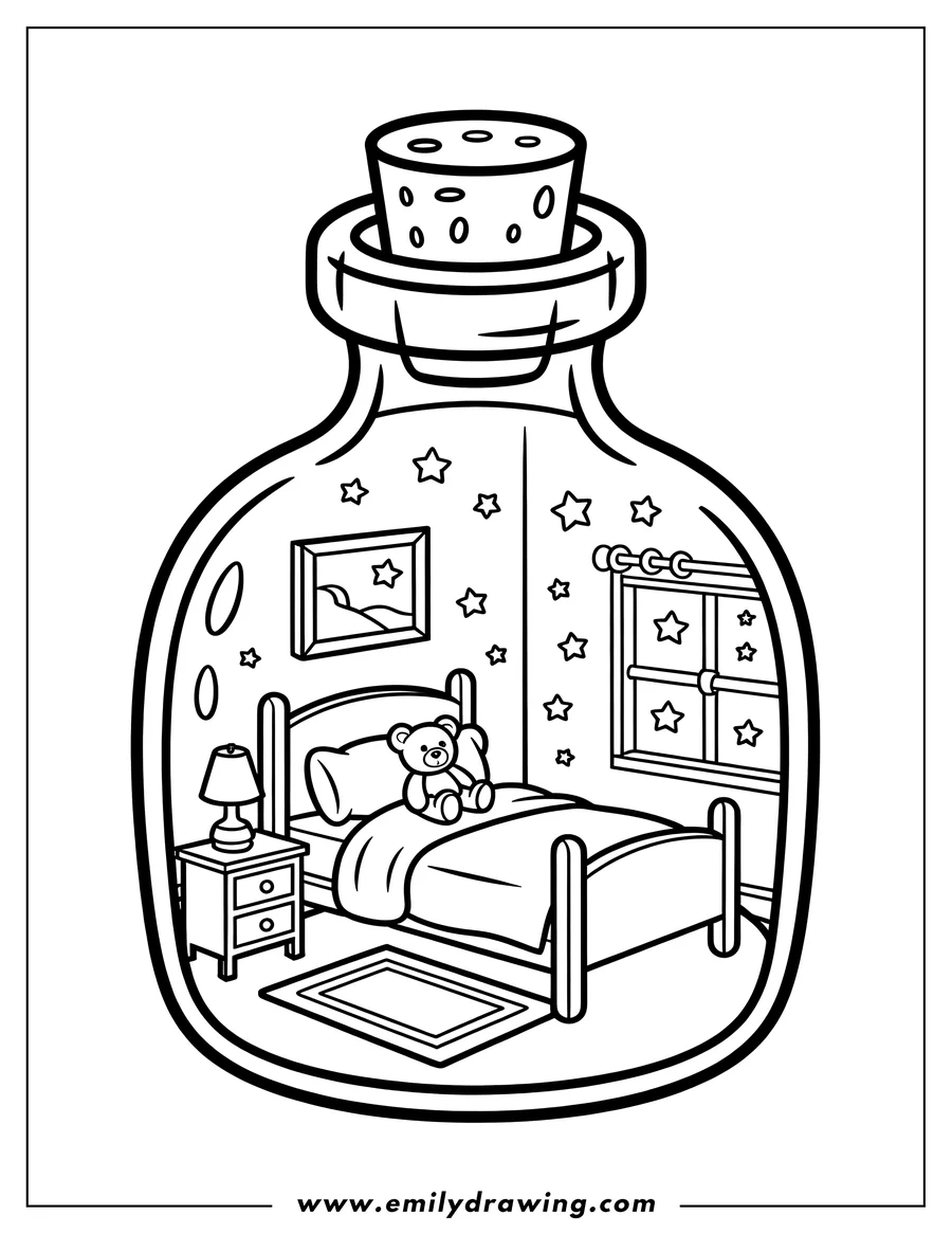 Line art of a bedroom scene inside a glass bottle with a cork. The bedroom features a bed with a teddy bear, a nightstand with a lamp, a window, and stars on the wall.
