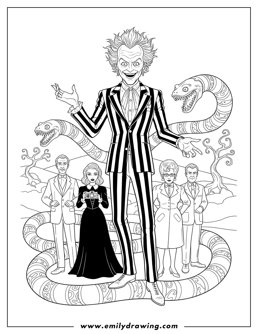 Coloring page for kids: beetlejuice Movie Poster featuring Beetlejuice in his striped suit with wild hair, surrounded by other characters and sandworms