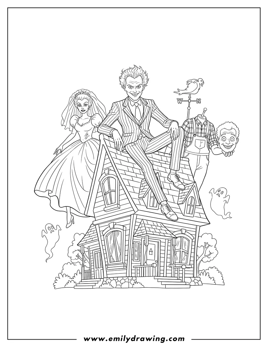 Clean line drawing: beetlejuice sitting on the Maitland house with ghost bride Barbara and headless Adam holding his head