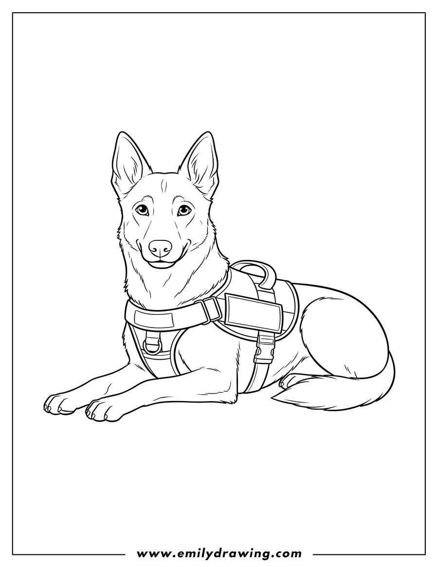 PDF style coloring page: belgian Malinois Search Dog To Color, lying down and wearing a search vest