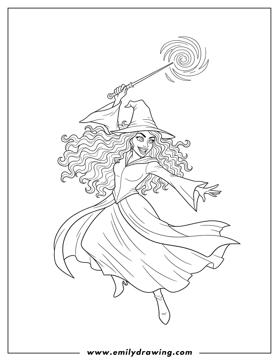 Coloring sheet featuring bellatrix Lestrange Casting Spell with long curly hair and a raised wand