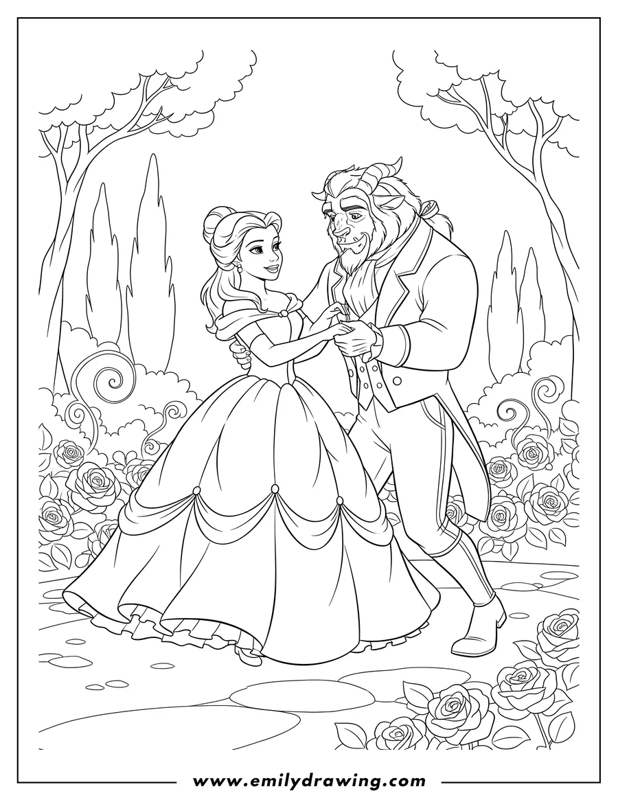 Printable coloring page of belle and Beast dancing in a garden, holding hands, with Belle in a flowing gown