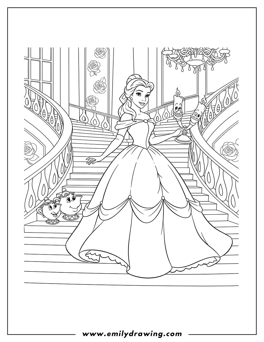 Simple sketch of belle Descending Grand Staircase Gown with Mrs. Potts, Chip, and Lumiere to color
