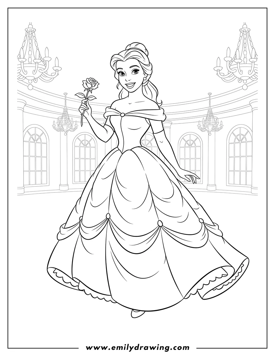 Downloadable coloring page of belle in a ballgown, smiling and holding a rose