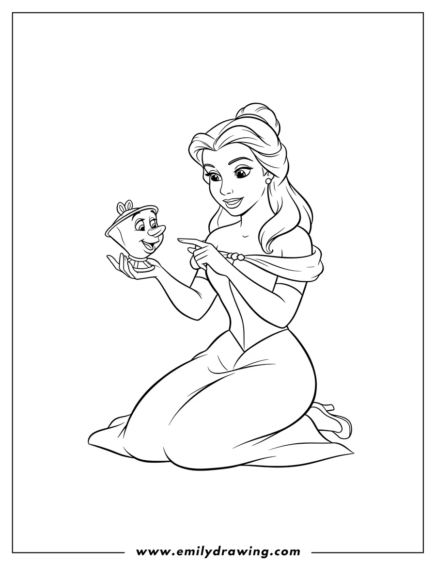 Doodle style coloring picture of belle kneeling, holding Chip in her hand, and pointing to him