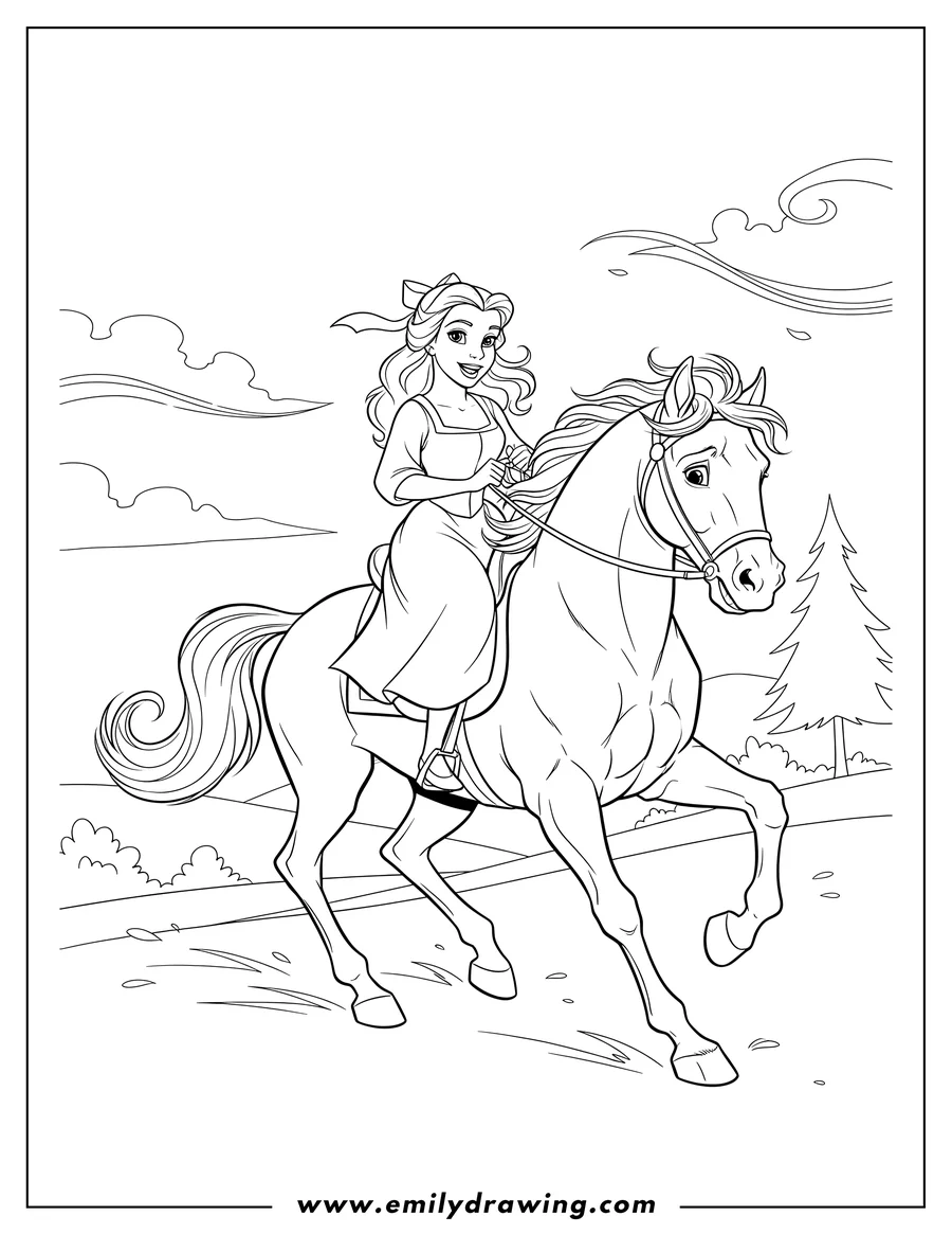 Coloring page for kids: belle riding her horse Phillipe, who is galloping, with Belle smiling and holding the reins