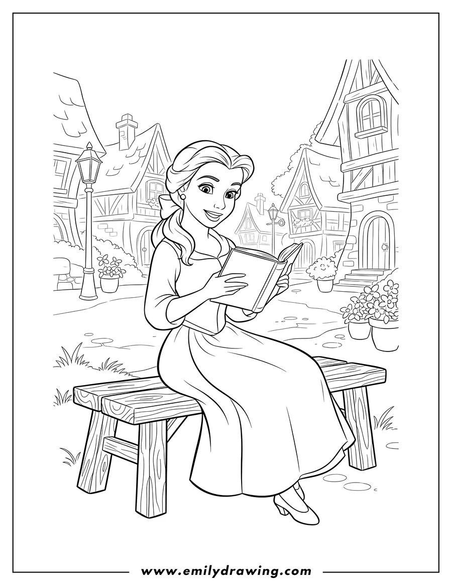 Vector style outline of belle Wearing Blue Dress Village Scaled, sitting and holding a book, smiling