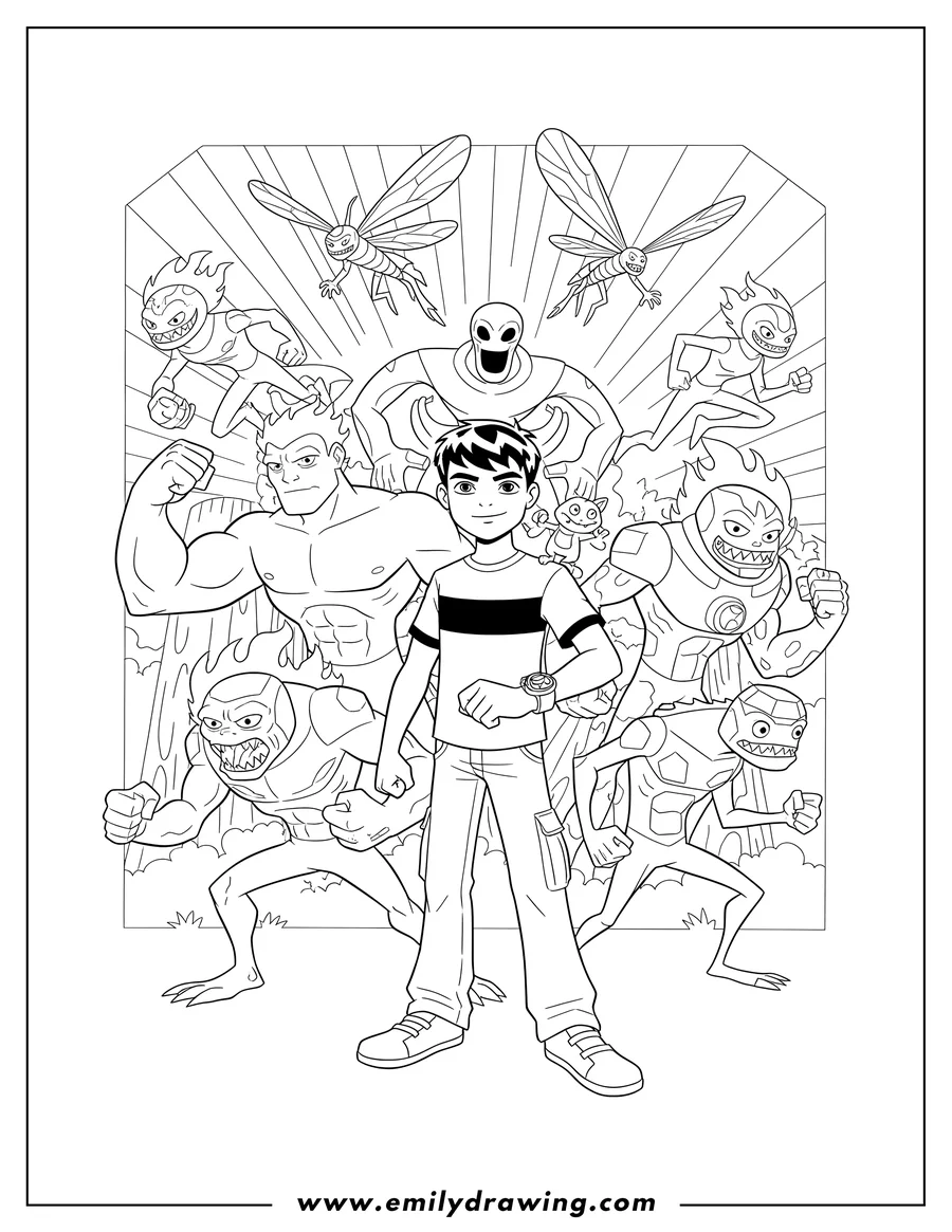 Printable coloring page of ben Tennyson standing proudly, surrounded by many of his original alien transformations