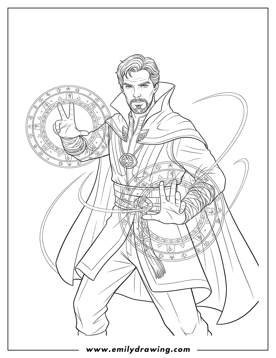 Downloadable coloring page of benedict Cumberbatch As Doctor Strange casting a spell with his hands