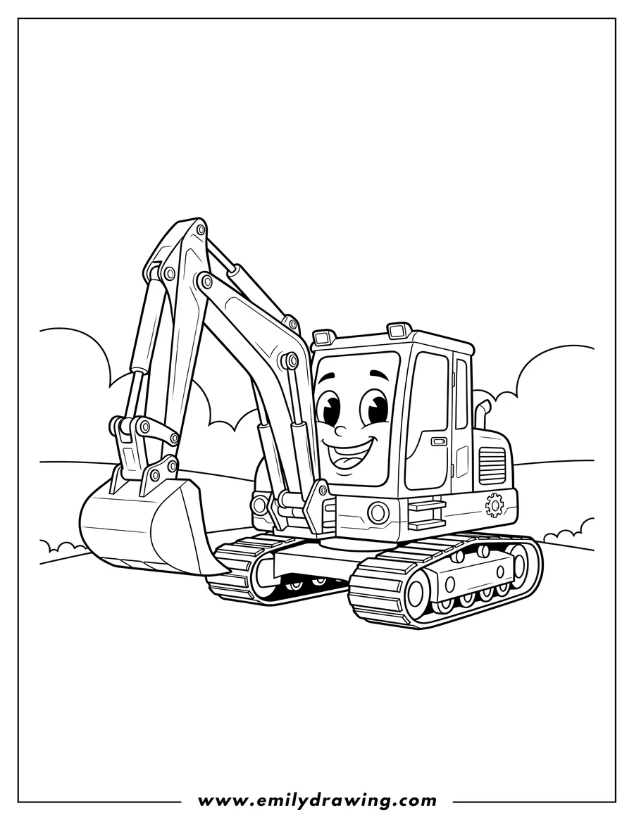 Coloring page for kids: benny Compact Tracked Digger with a smiling face and extended digging arm