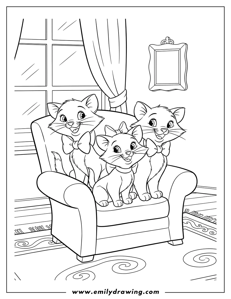Printable coloring page of berlioz Marie And Toulouse Living Room, posing together, smiling, and wearing their bows and bow ties