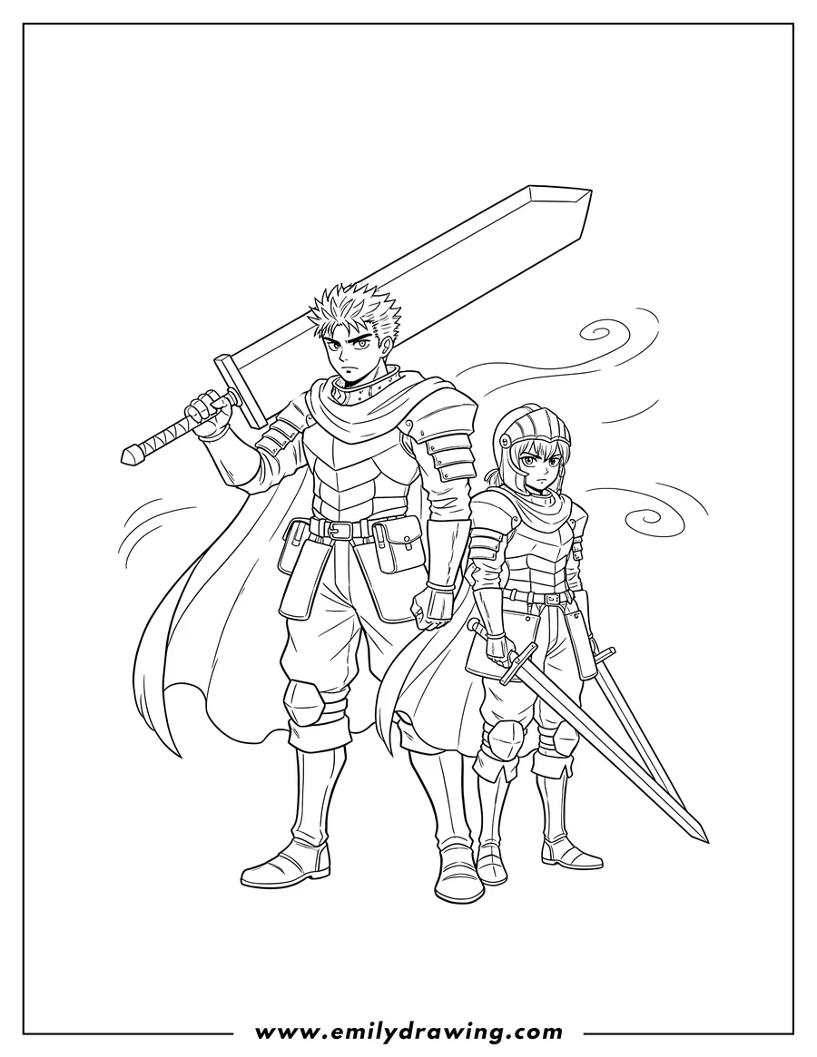 Vector style outline of berserk Manga Guts And Casca in armor, Guts with giant sword, Casca with sword