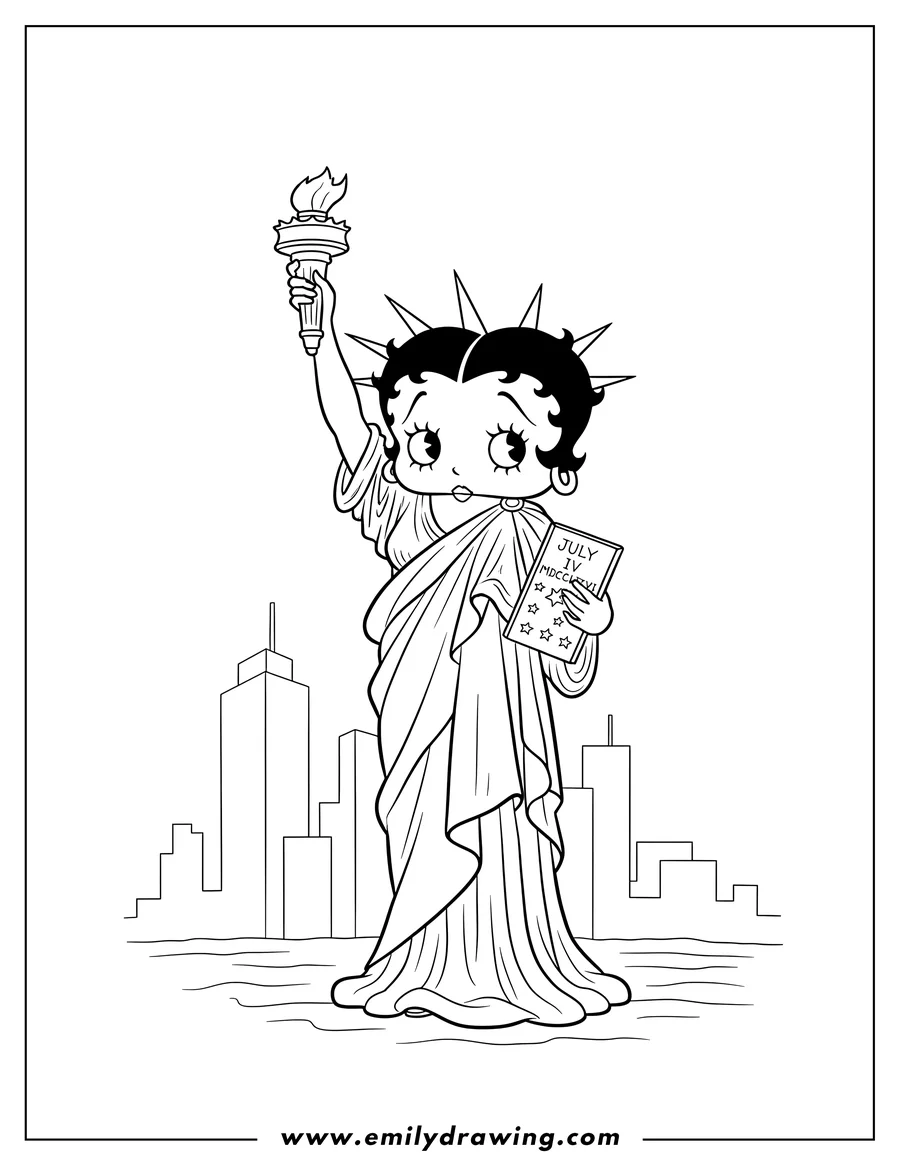 Printable coloring page of betty Boop as the Statue of Liberty with a torch and book