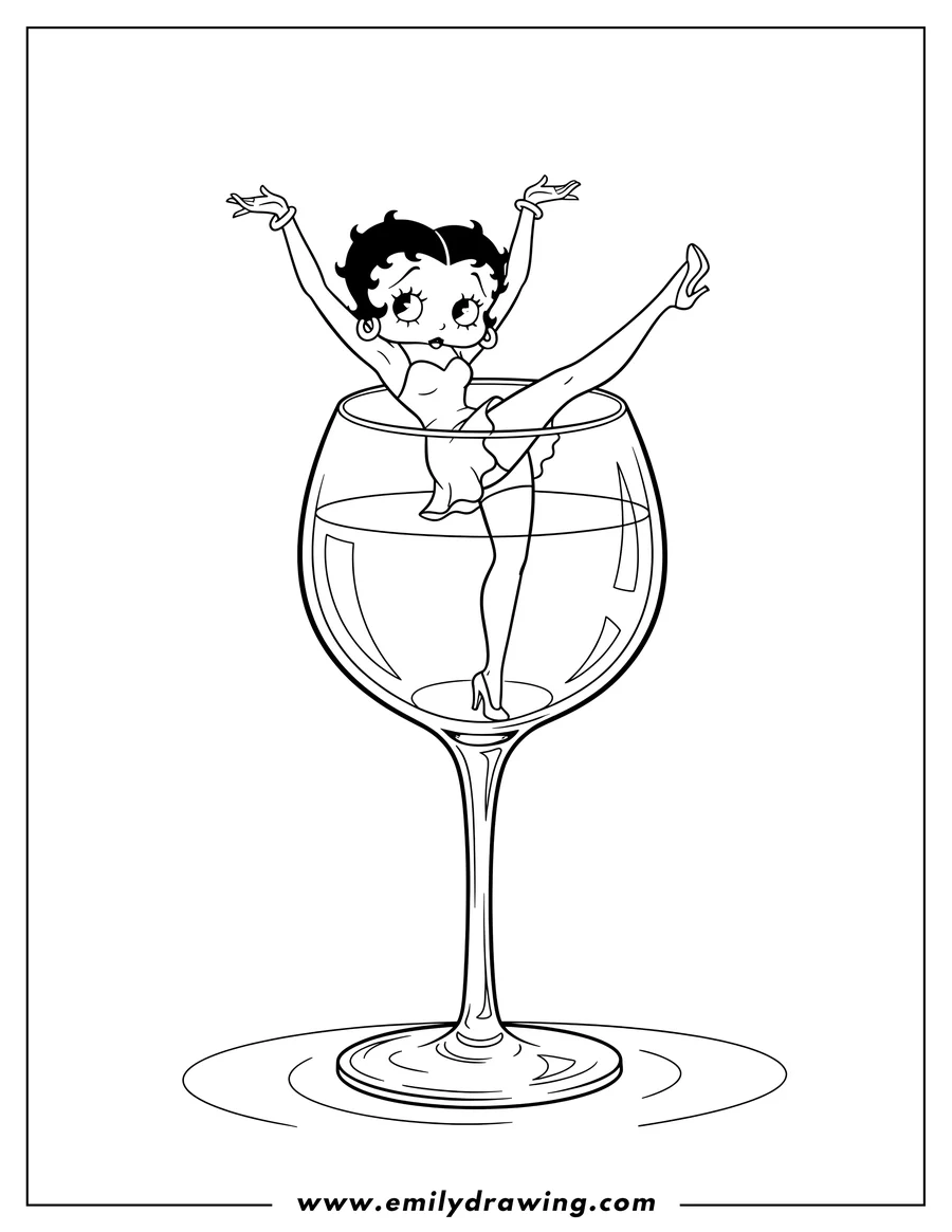 Outline drawing of betty Boop in a wine glass, arms raised, one leg extended
