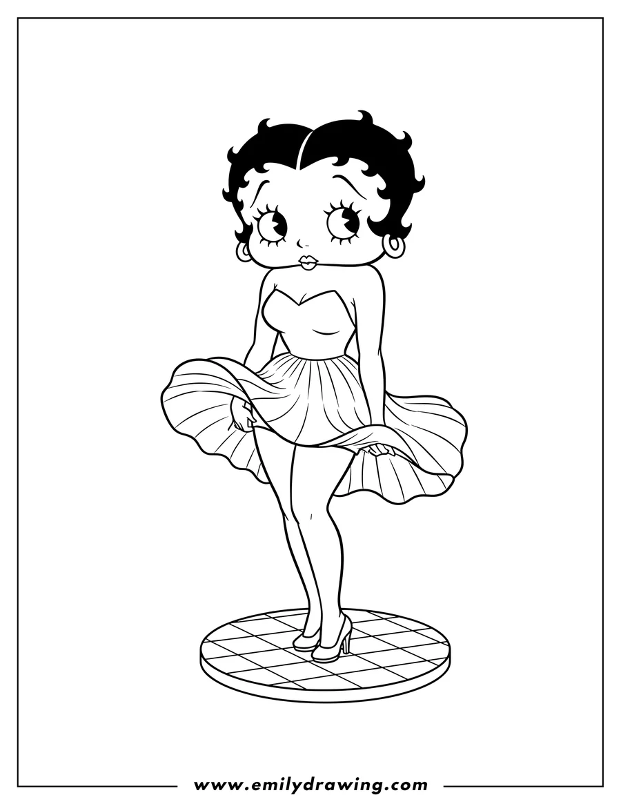 High quality printable betty Boop in Marilyn Monroe's iconic pose, holding down her flying skirt for coloring