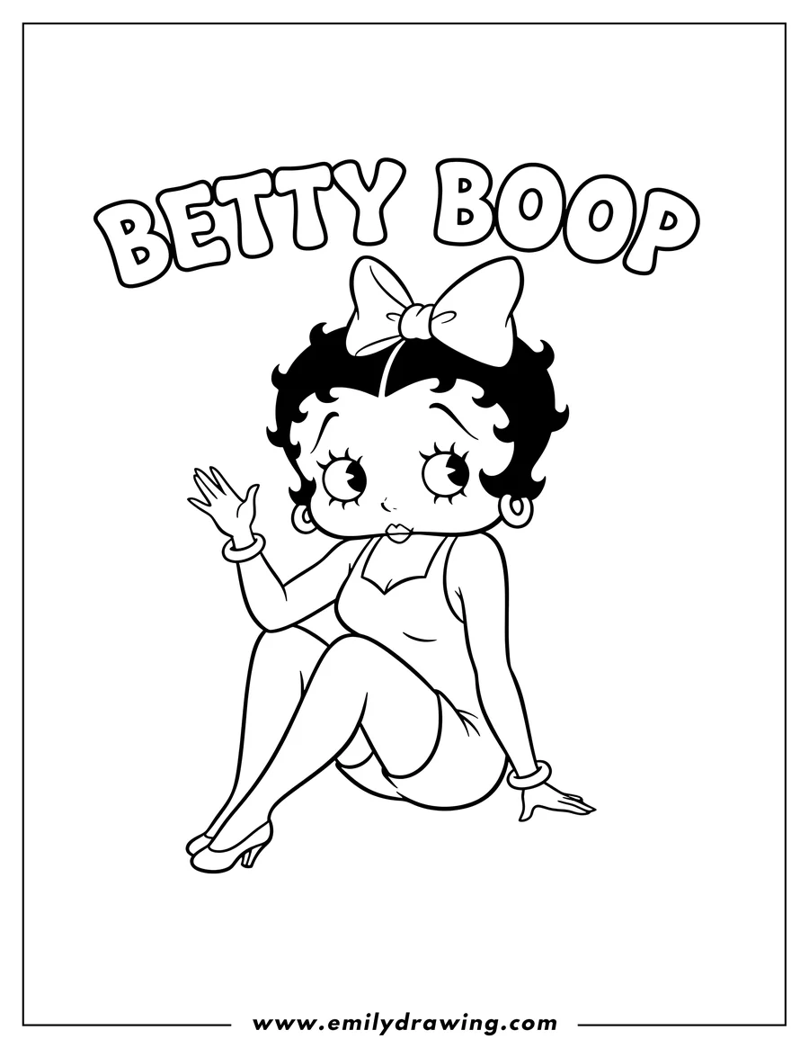Downloadable coloring page of betty Boop Poster, Betty Boop sitting with crossed legs and BETTY BOOP text