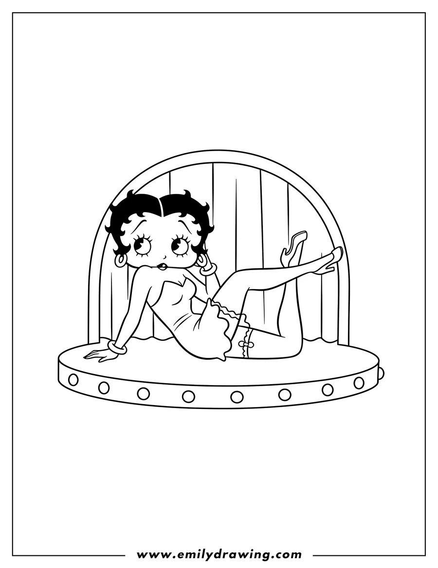 Coloring sheet featuring betty Boop reclining on stage with one leg raised high