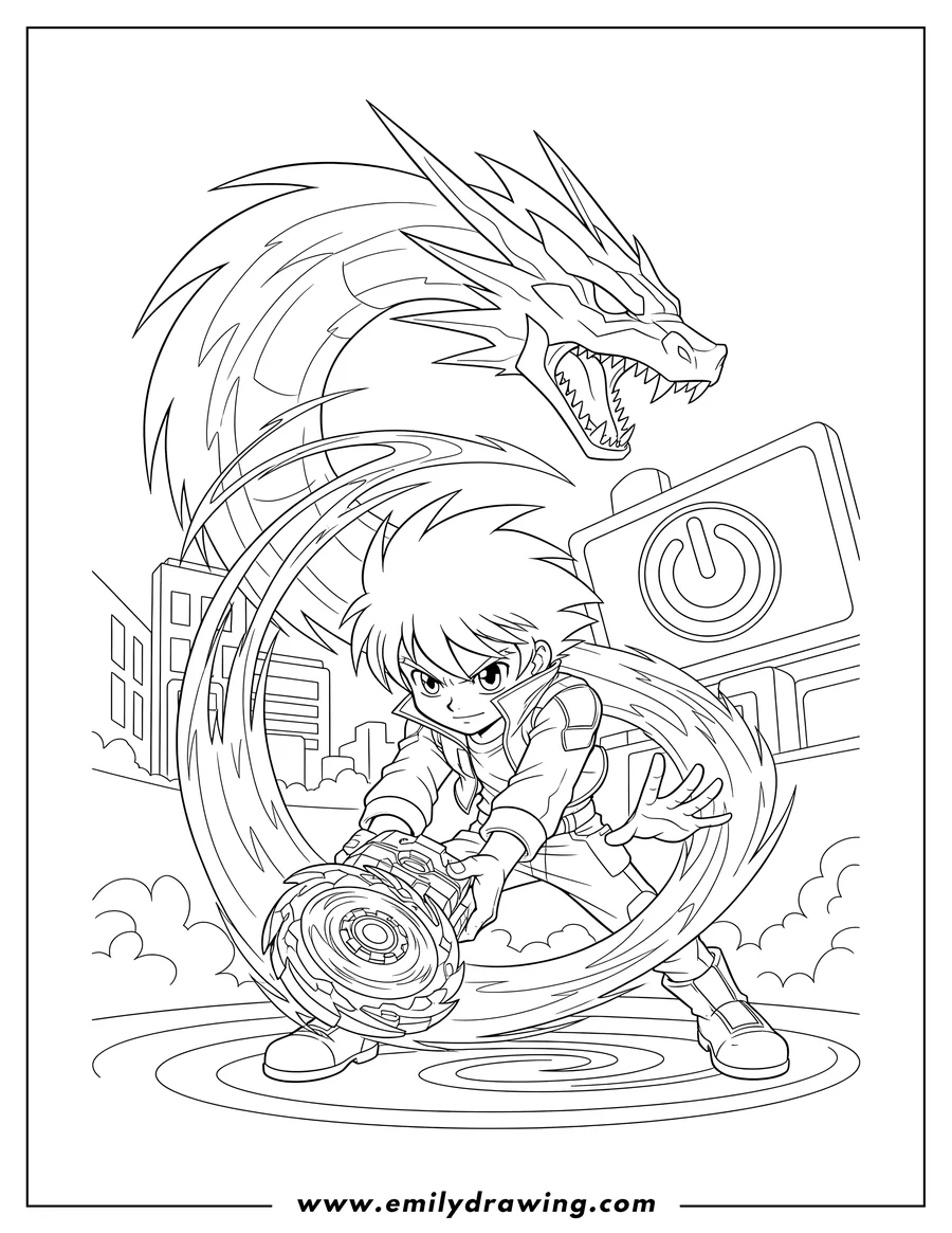 Vector style outline of beyblade Tv, a boy launching a Beyblade with his Bit-Beast