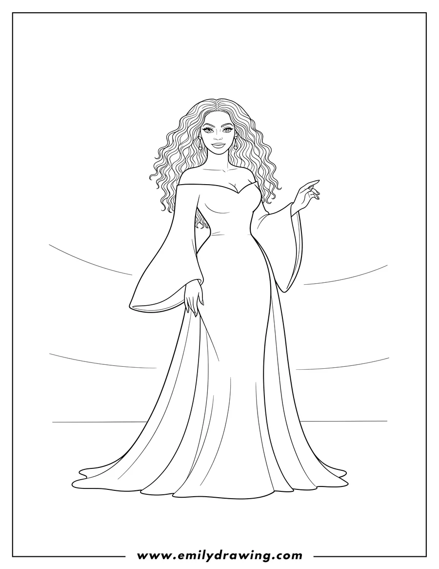 High quality printable beyonce in an elegant off-the-shoulder dress with long curly hair for coloring