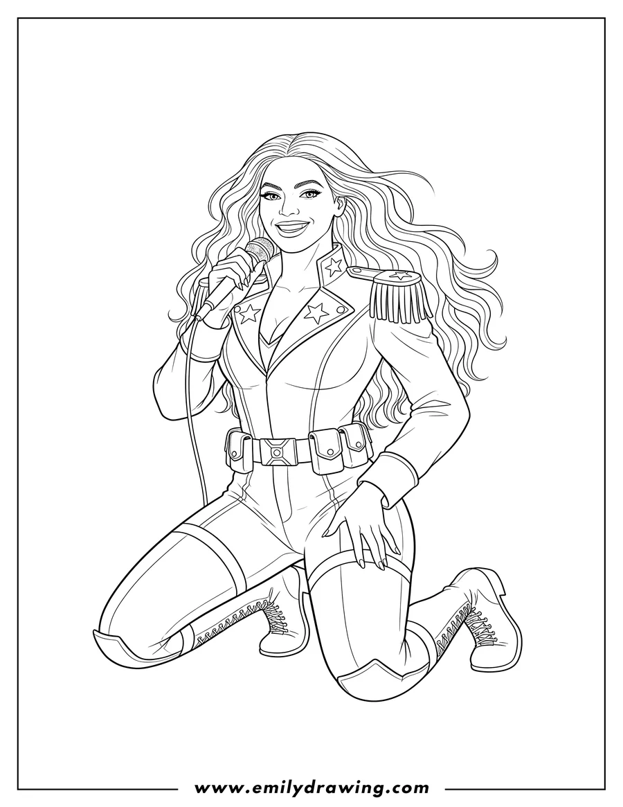 Clean line drawing: beyonce kneeling, wearing a military-style costume with long wavy hair, holding a microphone