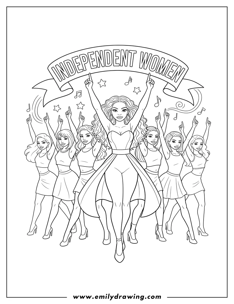 Printable line art of beyonce Leading a Powerful Dance Crew of five women with arms raised and fingers pointing up, beneath an 'Independent Women' banner