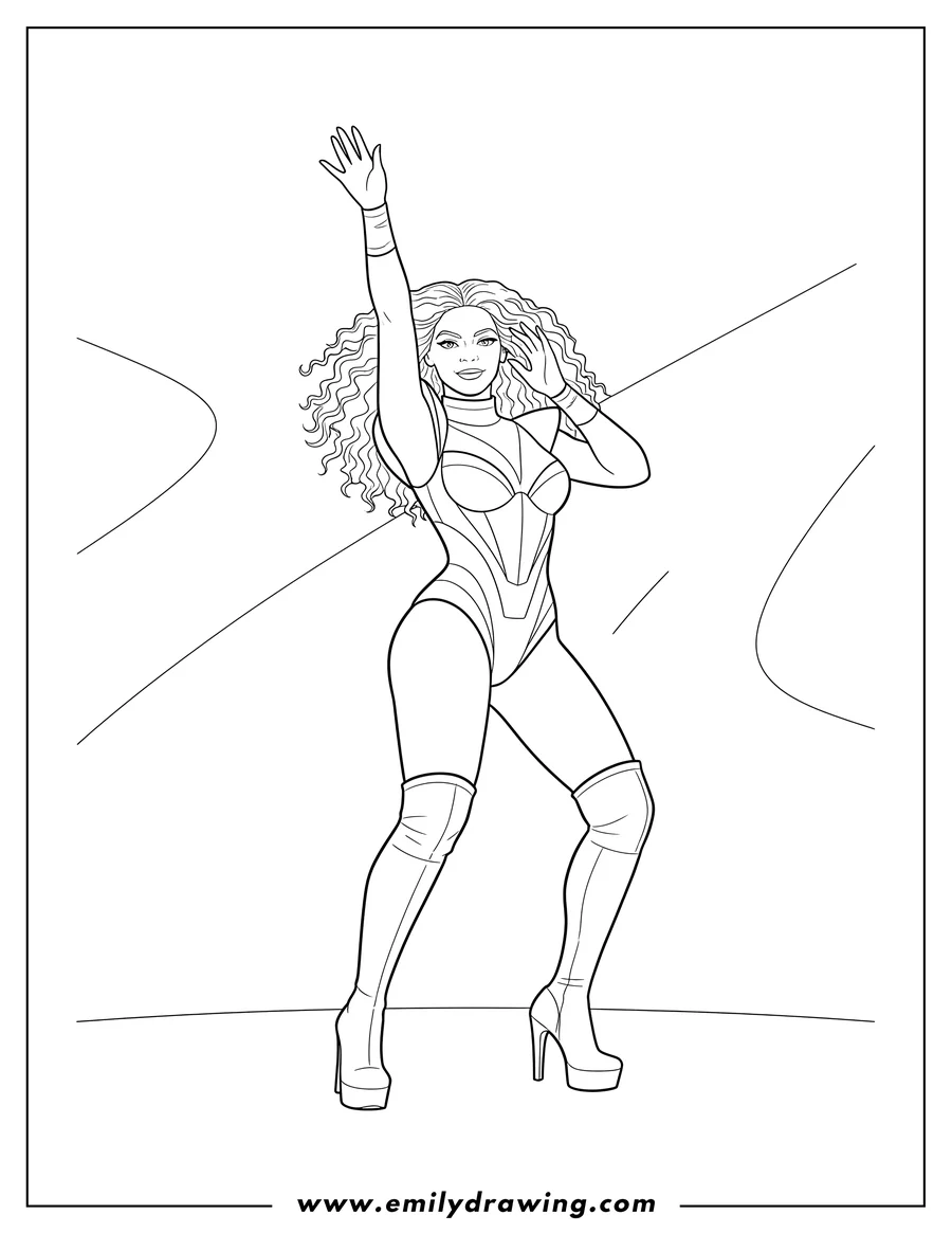 Coloring sheet featuring beyonce Touching Her Hair While Dancing, with one arm raised, wearing a stage bodysuit and high-heeled boots