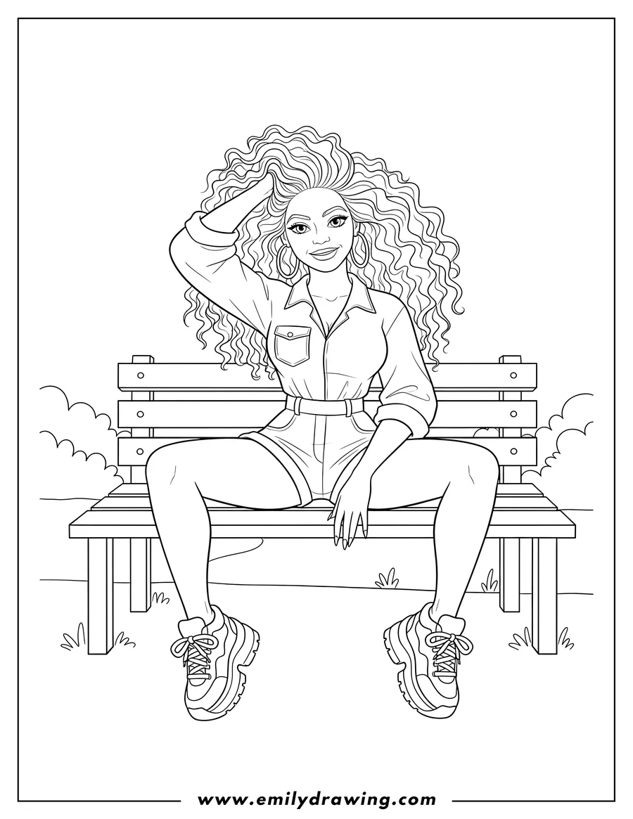 Coloring page for kids: beyonce With Big Curly Hair And Denim Romper Sitting On Bench With Legs Spread And One Hand On Her Head, Wearing Chunky Sneakers