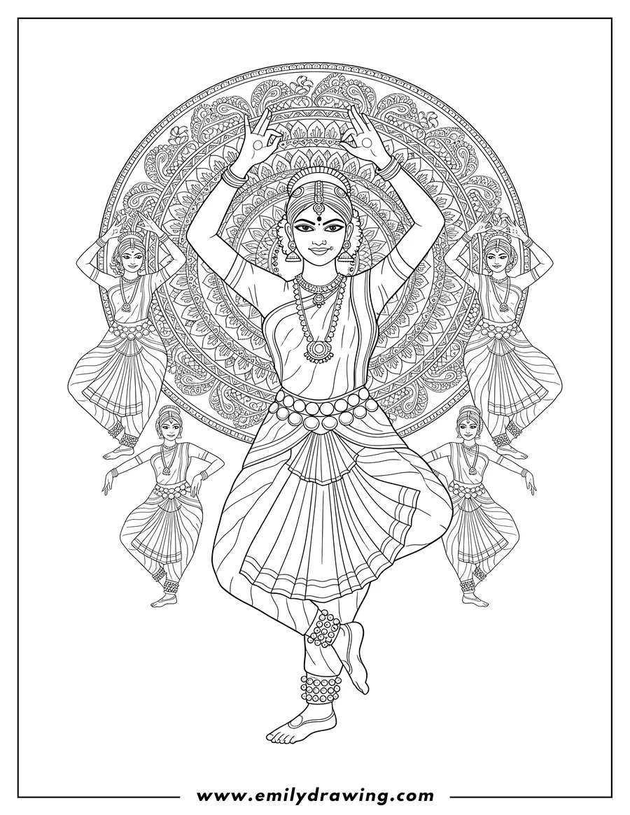 Outline drawing of bharatanatyam Dancer with arms raised and one leg lifted, in a traditional pose, surrounded by smaller dancing figures and a decorative mandala