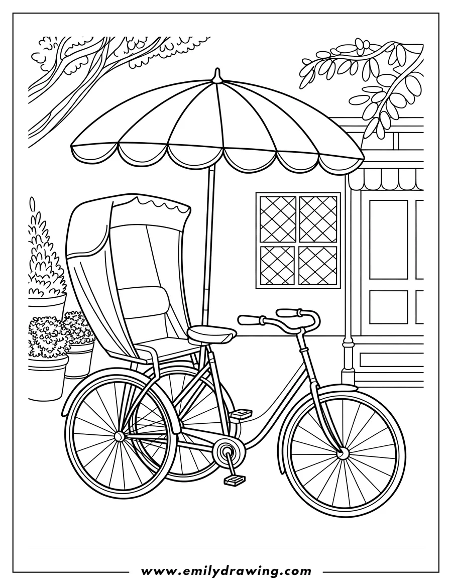 Printable line art of bicycle Rickshaw