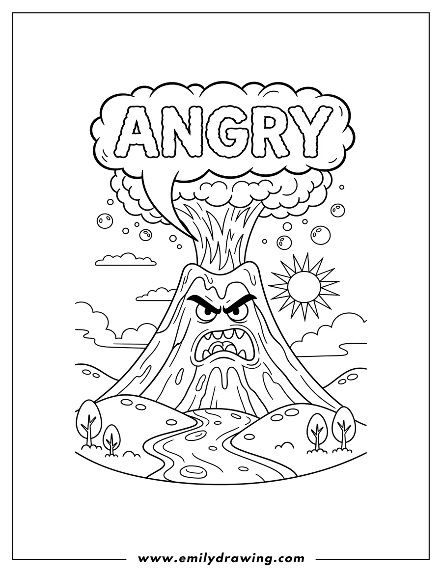 Printable line art of big Angry Volcano Erupting with an angry face and a speech bubble that says 'ANGRY'