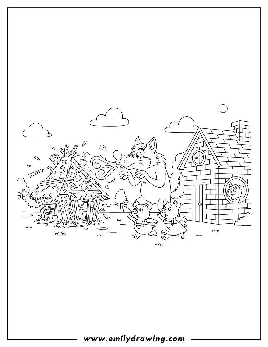 Coloring page of big Bad Wolf Blowing Down Stick House, with pigs running to a brick house