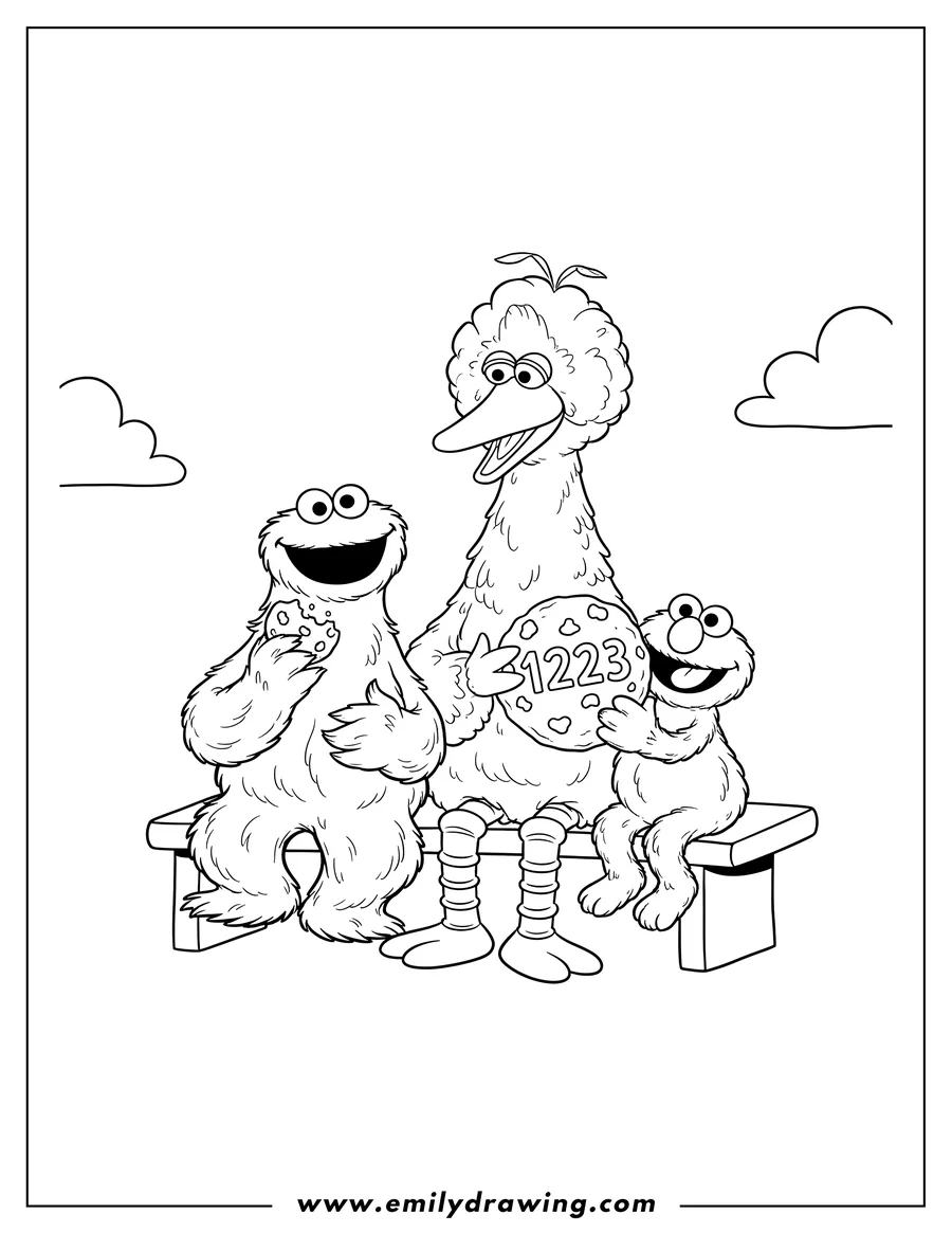 Simple sketch of big Bird, Cookie Monster, and Elmo sitting together, with Elmo holding a numbered cookie to color