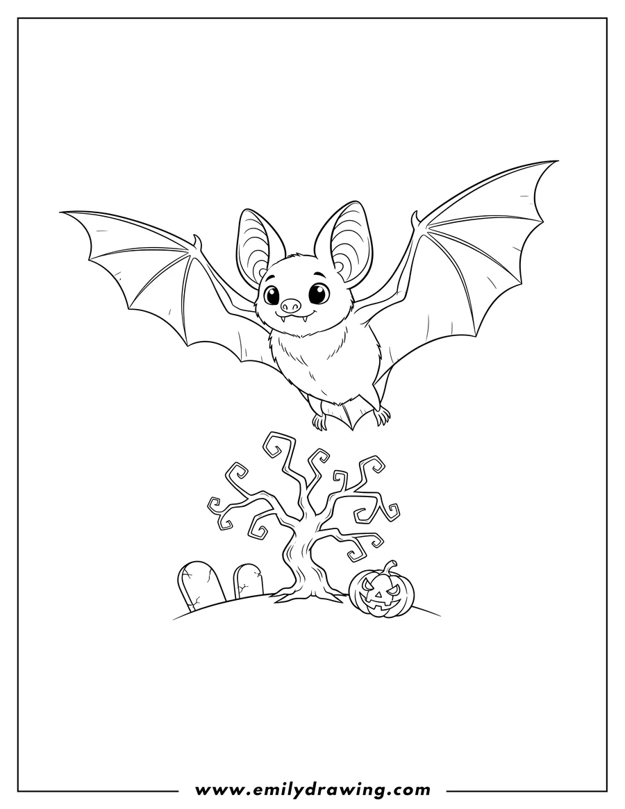 Vector style outline of big-eared bat flying with wings spread over graveyard on Halloween