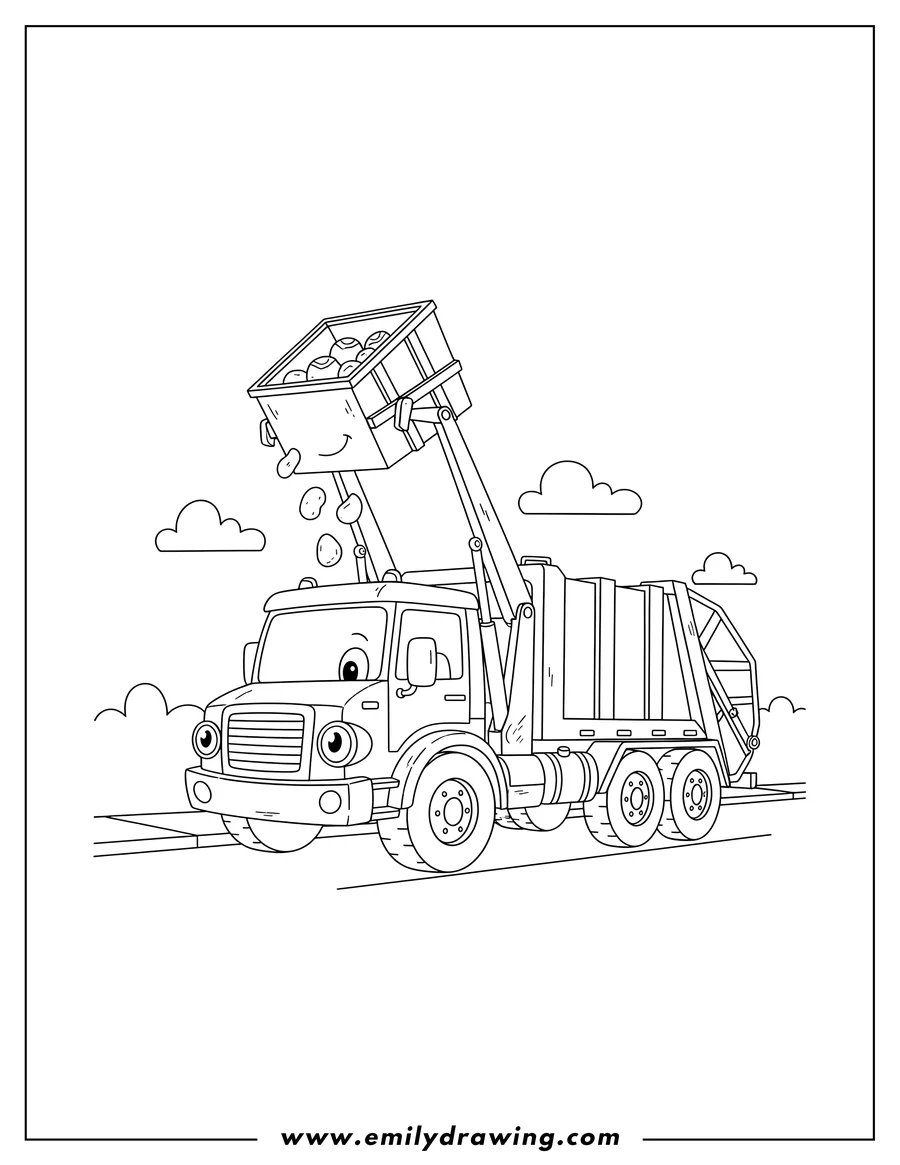 Doodle style coloring picture of big Front Loader Garbage Truck Scaled lifting a dumpster