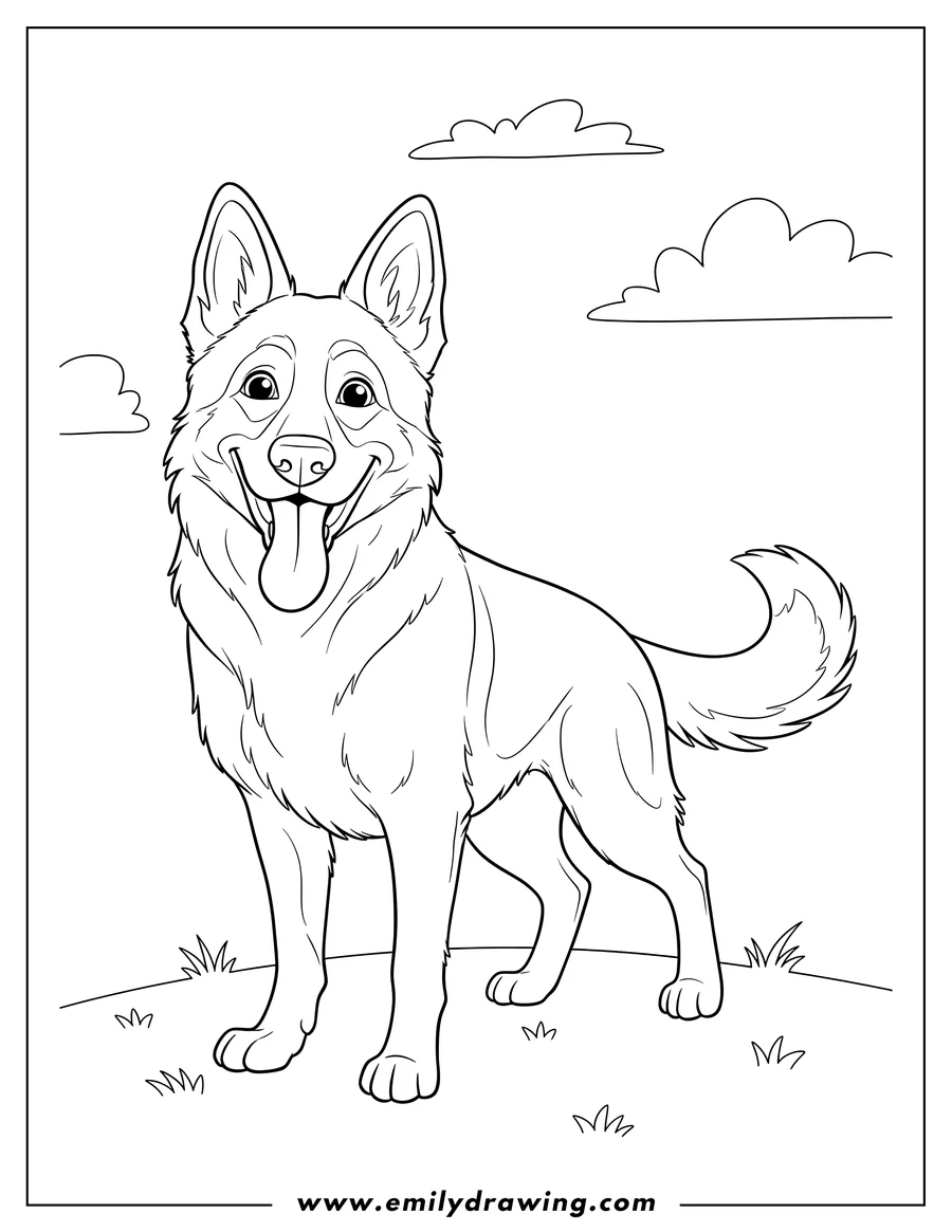 Coloring page of big German Shepherd Dog standing with its tongue out