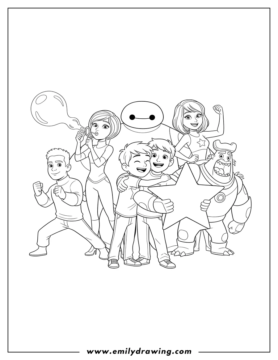 Printable line art of big Hero 6 Poster with Hiro hugging Tadashi who holds a star, and Gogo blowing a bubble, featuring Honey Lemon, Fred, Wasabi, and Baymax