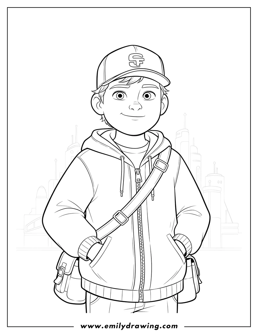 Free to print drawing of big Hero 6 Tadashi Hamada wearing a cap and jacket, carrying a shoulder bag