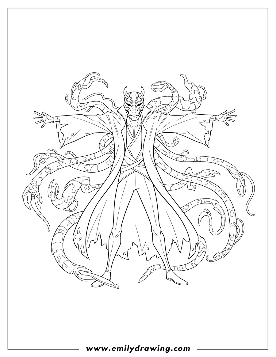 Linear illustration of big Hero 6 Villain Yokai standing with arms outstretched, wearing a long coat