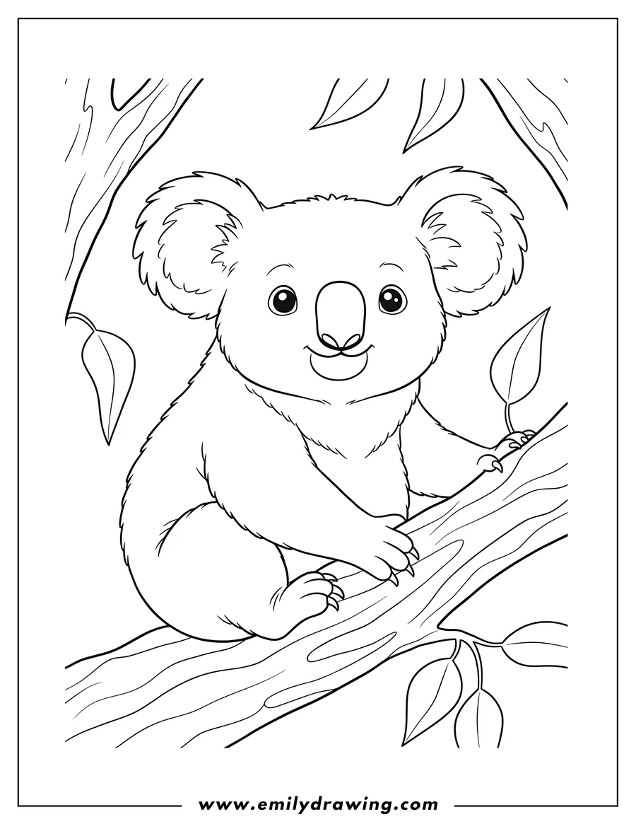 Linear illustration of big Koala Sitting Tree, grasping branch, looking forward, To Color Scaled